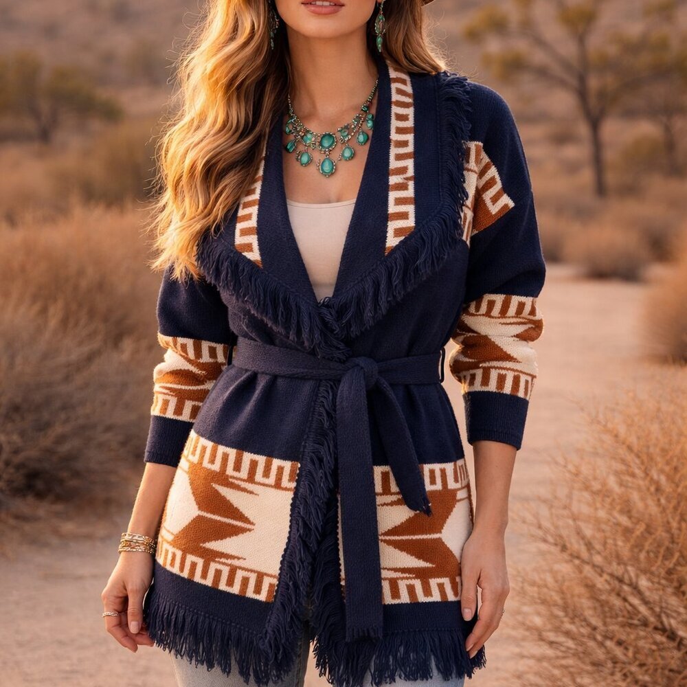 Fringed Navy and Tan Aztec Belted Cardigan